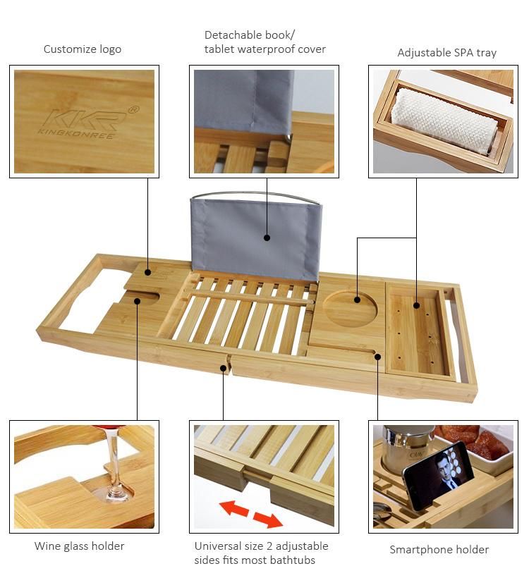 Online Popular Bathtub Caddy Stainless Steel Bathtub Tray with Extending Sides and Book Holder