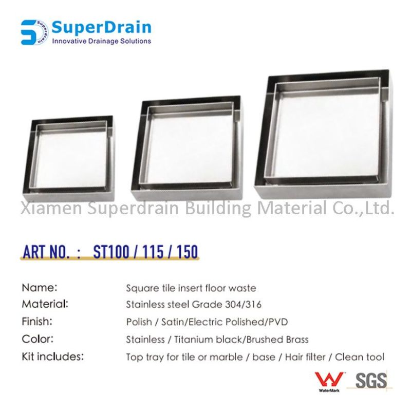 Factory Directly Sale Ss Square Floor Drain Channel with Tile Insert Grate