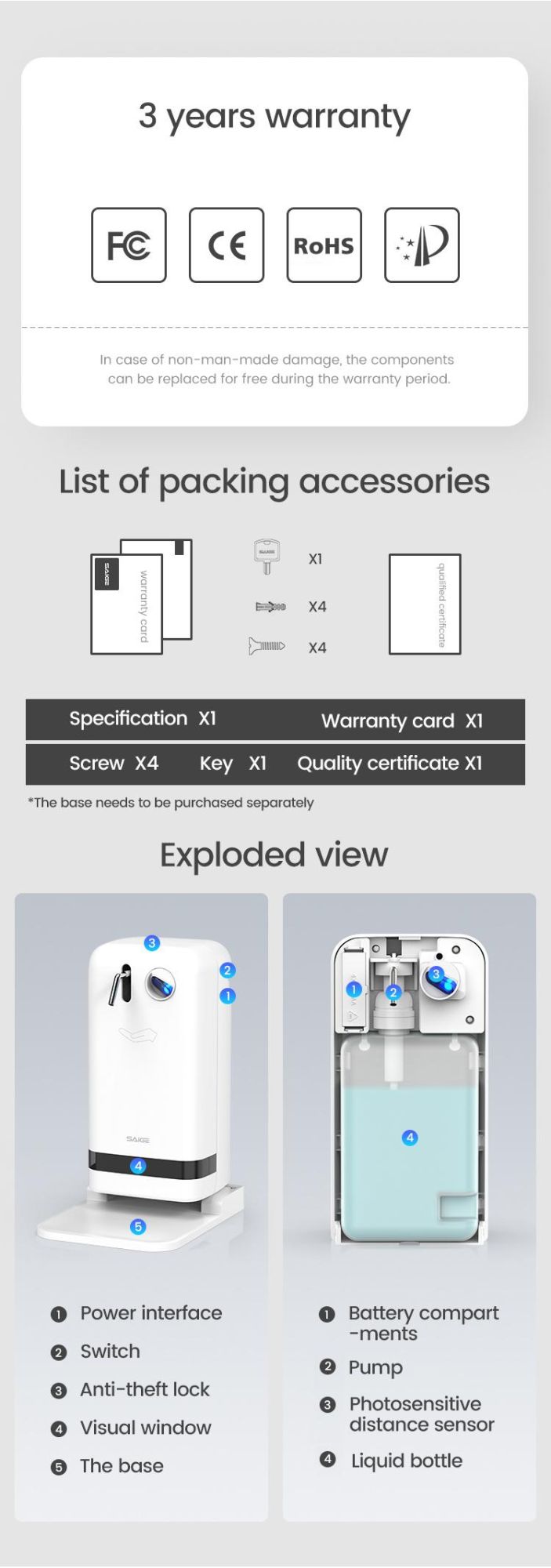 Saige New Arrival 1800ml Wall Mounted Automatic Hand Sanitizer Dispenser