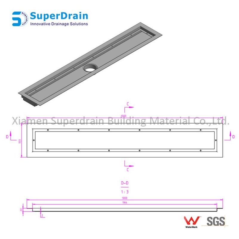 Stainless Steel Long Linear Square Shower Floor Drain with Removable Grid Grate Cover