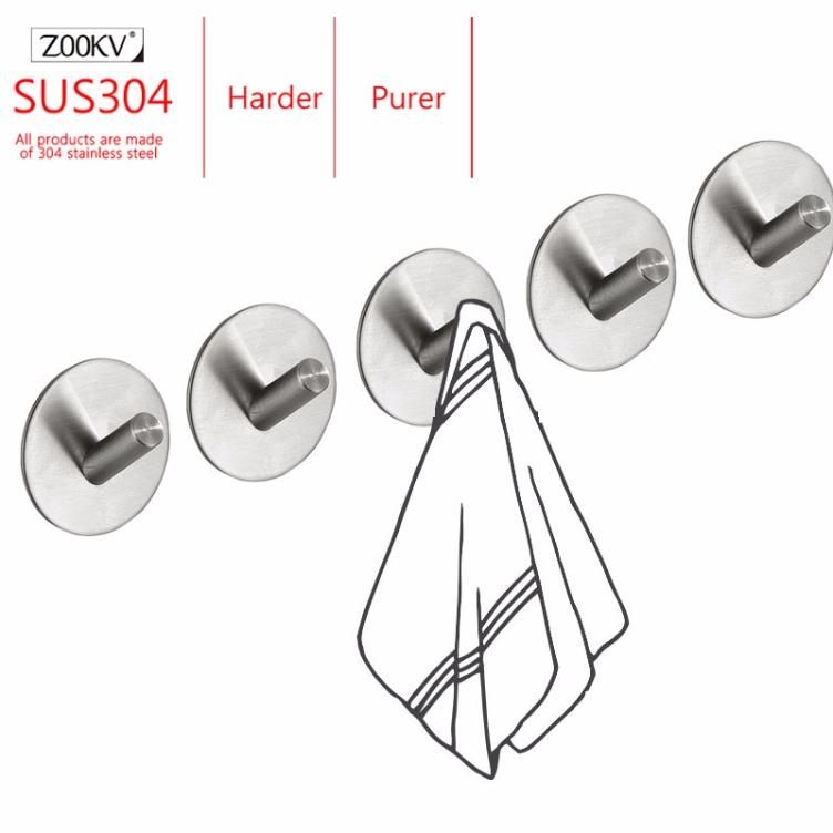 304 Stainless Steel 3m Single Adhesive Door Wall Metal Coat Hooks Big Round Base Robe Bathroom Towel Hooks