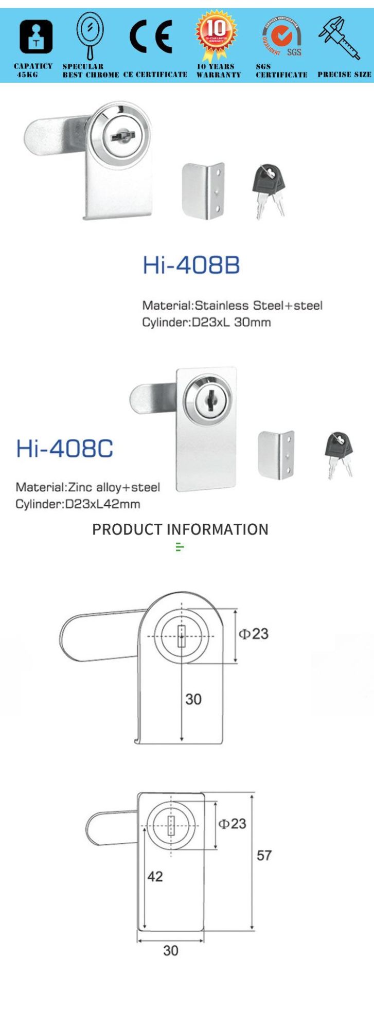Display Cabinet Glass Door Lock with Key Zinc Alloy and Stainless Steel