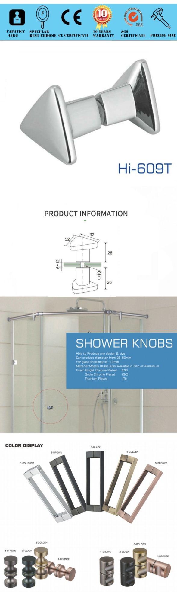 Shower Room Stainless Steel Shower Glass Door Knobs