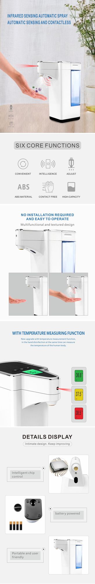 Professional Automatic Hand Sanitizer and Thermometer, Body Soap, Alcohol Automatic Dispenser, Suitable for Classrooms, Hotels and Homes