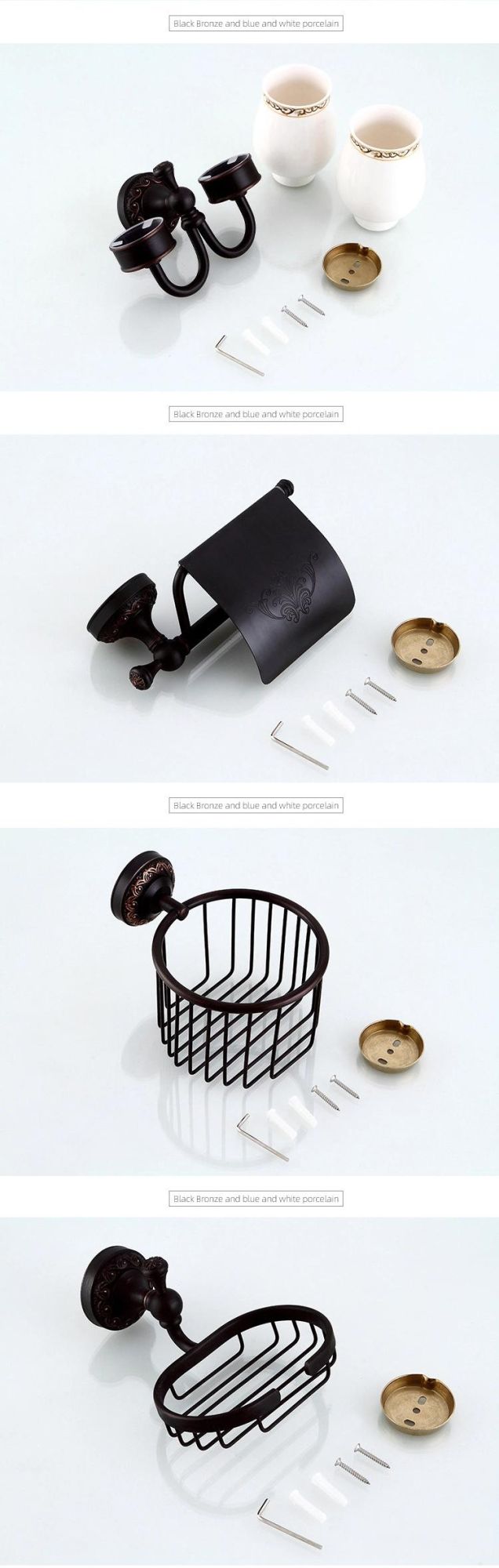 Wall Mounted Towel Bar Dual Tiers European Carved Black Bath Towel Rack