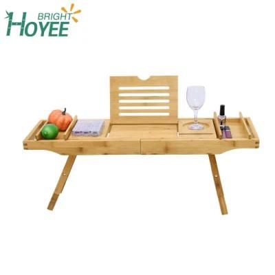 Eco-Friendly Bamboo Bathtub Caddy Adjustable Wooden Serving Tray Rack and Organizer for Any Size Bath Tub