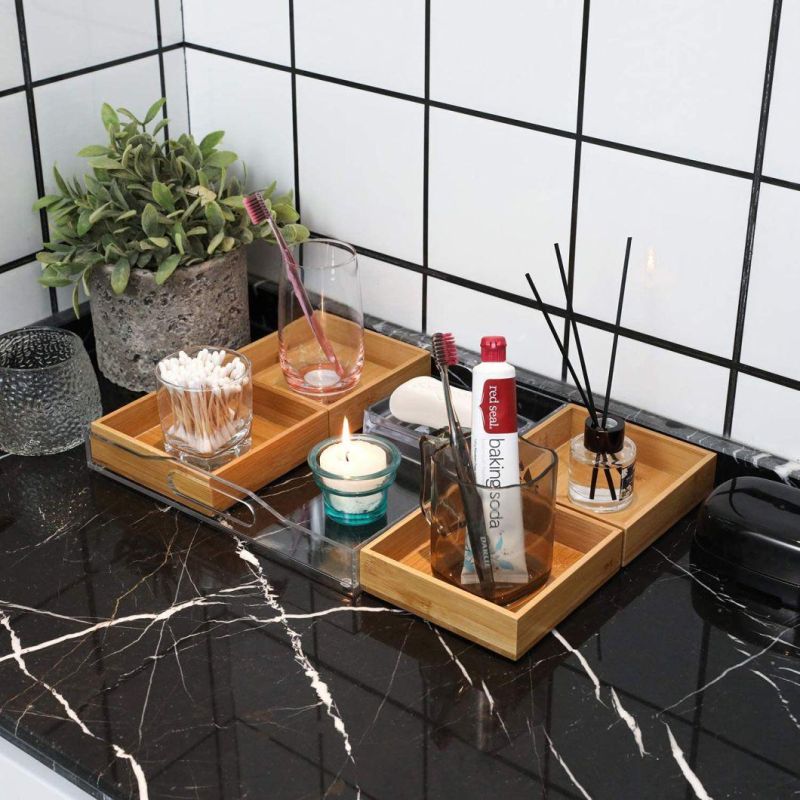 5 Piece Modern Square Natural Bamboo and Clear Acrylic Bathroom Organizer Vanity Tray Set