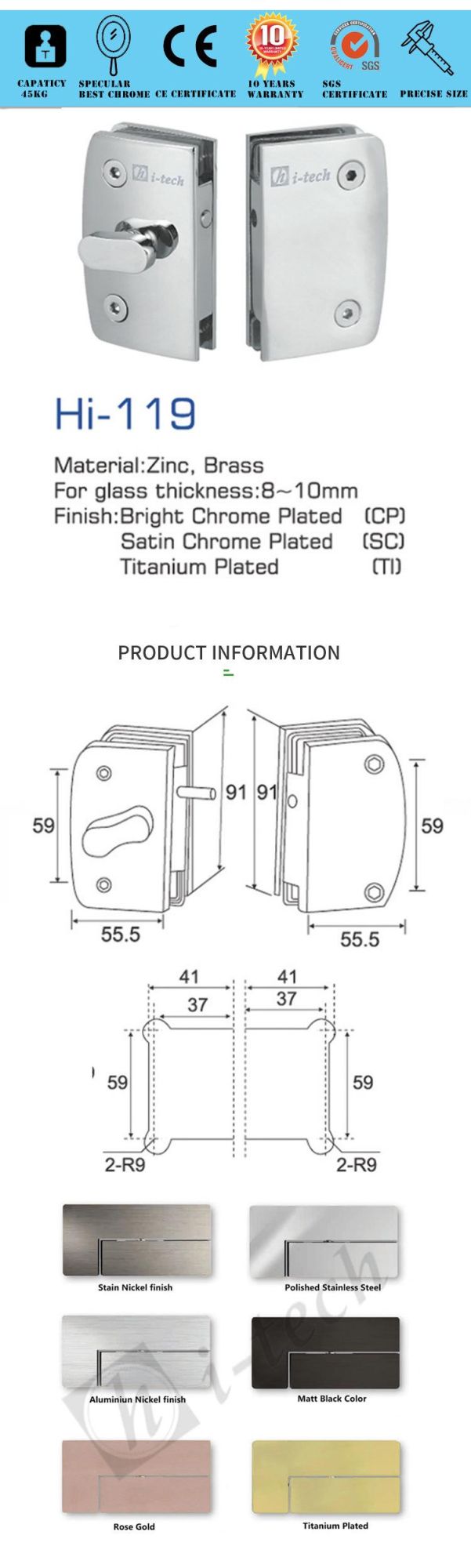 Hi-119 Glass Hardware Stainless Steel Door Lock