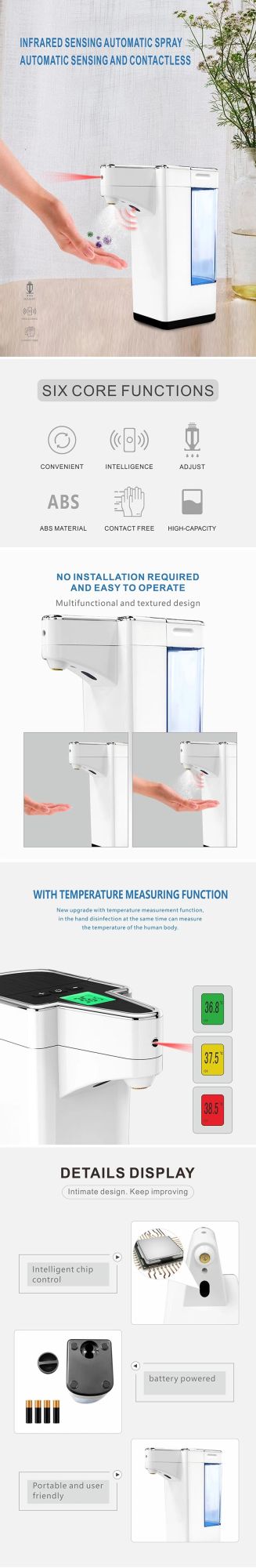 Smart Sensor PRO Plus 650ml Automatic Non-Contact Thermometer, Automatic Gel Foam Spray Hand Sanitizer Soap Dispenser