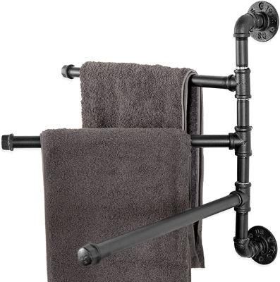 Wall-Mounted Black Metal Industrial Pipe Design 3-Arm Swivel Bathroom Towel Bar Rack
