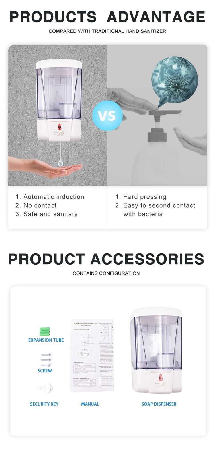 Smart Public Washroom Touchless Sensor Wall Mounted Liquid Soap Dispenser Large Capacity 700ml Adapter Battery Powered Hand Sanitizer Dispenser