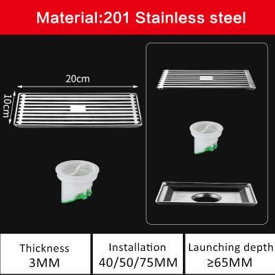 20*10cm Villa Bathroom DN50 201 Solid Stainless Steel Long Strip Floor Drain Toilet Shower Room Rectangular Odor Proof Floor Drain