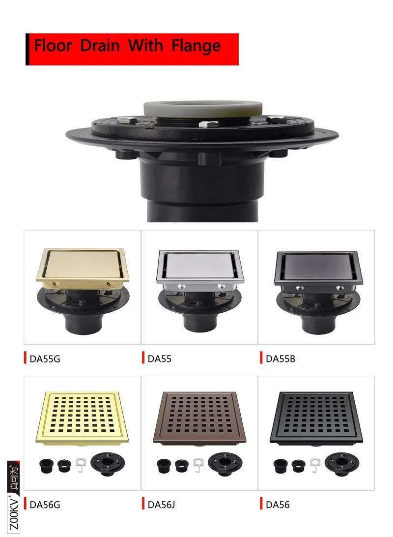 SUS 304 Stainless Steel Floor Drain with Removable Cover Grid Grate 4 Inch Square Shower Drain with Adjustable Shower Drain Base Flange