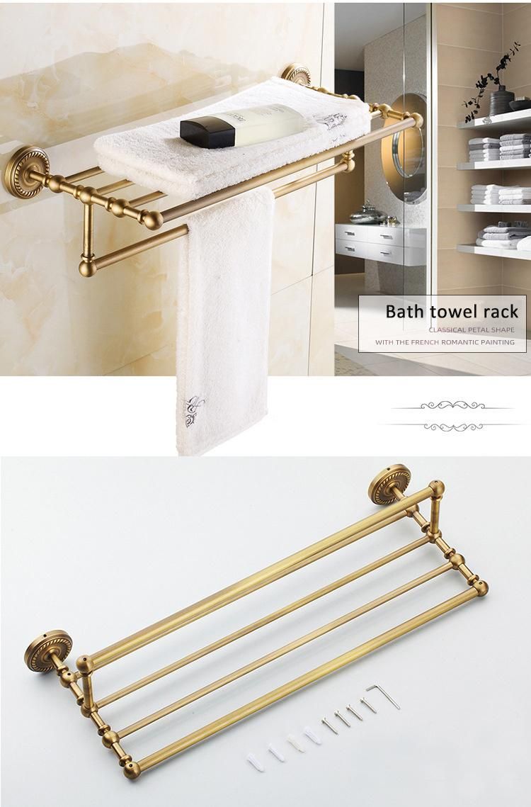 Antique Brass Wall Mounted Towel Shelf Double Tiers Towel Holder
