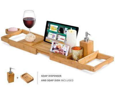 Bathtub Caddy Tray with Bamboo Wood Book Tablet Glass Holder Free Soap Dish+Dispenserbt-6027