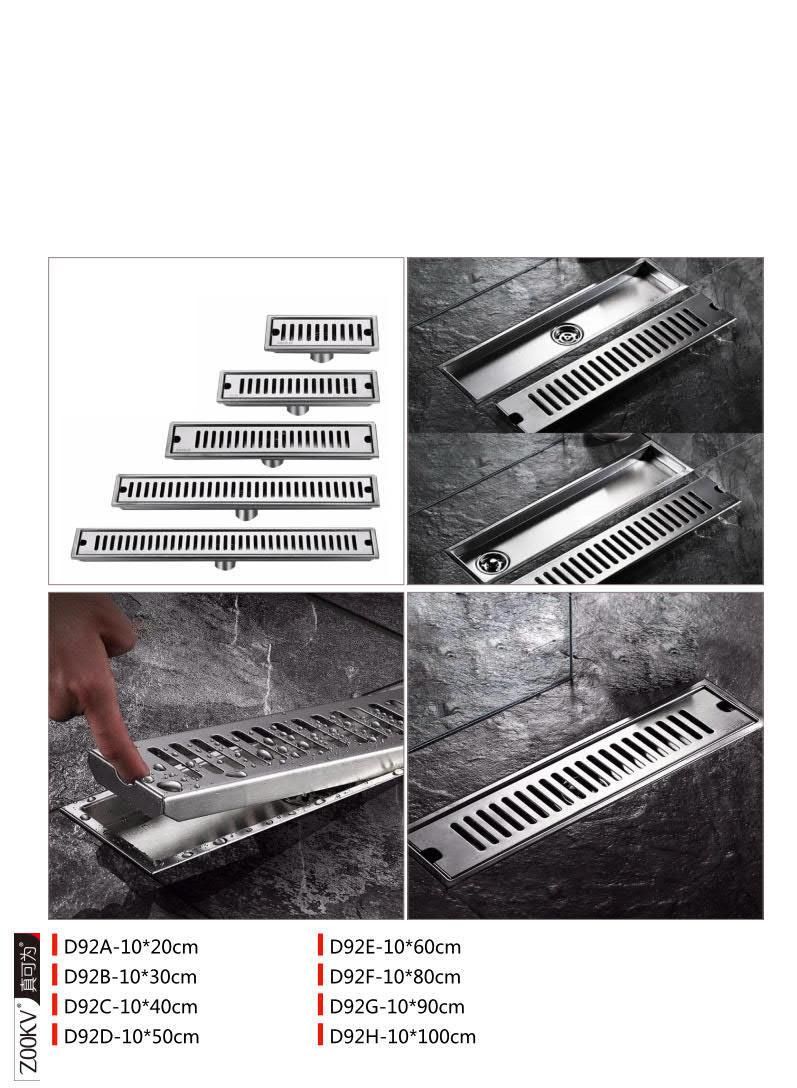 90*6.8cm DN50 Thickened Solid Striped 304 Stainless Steel Floor Drain Shower Room Long Strip Large Displacement Odor Proof Floor Drain