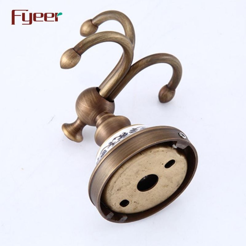 Fyeer Antique Brass Double Robe Hook with Ceramic Base