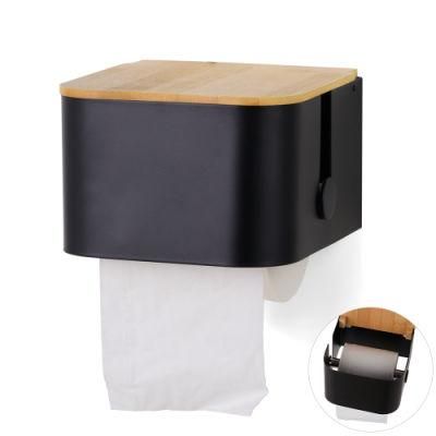 Special Design Wall Mounted Powder Coated Stainless Steel Bamboo Lid Toilet Paper Holder