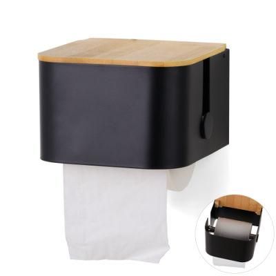 Special Design Wall Mounted Powder Coated Stainless Steel Bamboo Lid Toilet Paper Holder