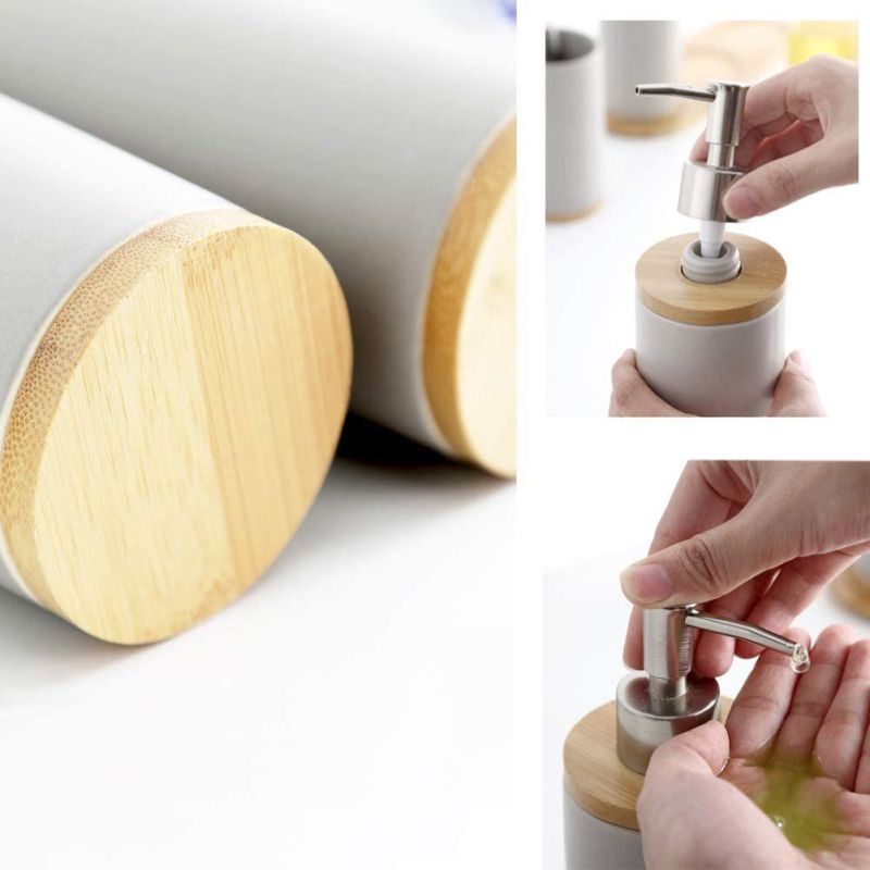 4 Piece Ceramic Bathroom Accessories Set, Includes: Soap Dispenser Pump, Toothbrush Holder, Tumbler and Wooden Tray
