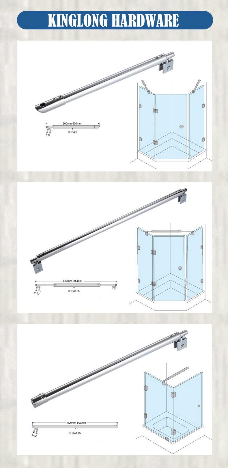 New Design Stainless Steel Bathroom Fitting Adjustable Length Glass to Wall Fixed Bar/Clip Shower Room Support Rod