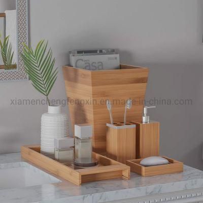 Lavish Home Bamboo Bath Accessories-5-Piece Set Natural Wood Tray Lotion Dispenser, Soap Dish, Toothbrush Holder, Wastebasket-Bathroom and Vanity