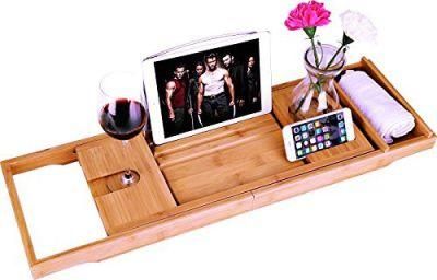 Premium Bamboo Bath Tray Expandable Bathtub Caddy Bath Table with Reading Rack Includes Wine Glass and Bonus Soap Holder