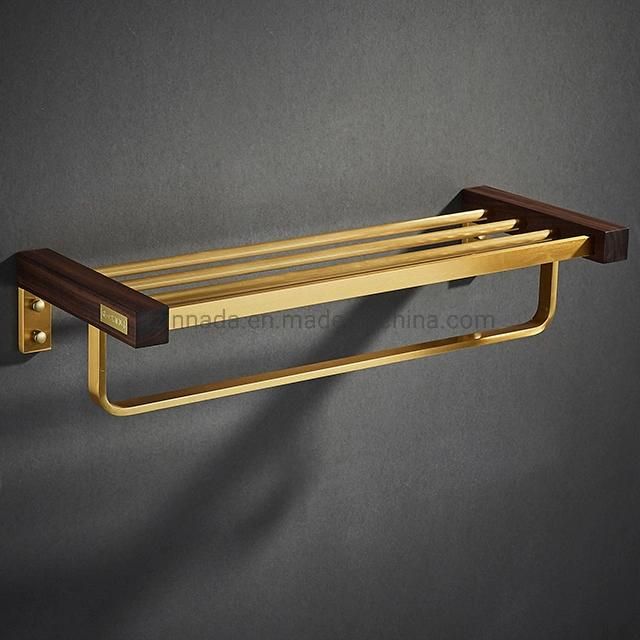 Wall Mounted Walnut Aluminum Bathroom Accessories Brushed Gold Towel Shelf (NC7808)