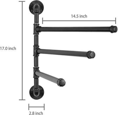 Wall-Mounted Black Metal Industrial Pipe Design 3-Arm Swivel Bathroom Towel Bar Rack with Floor Flange