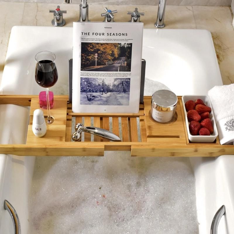 Anti-Microbial Caddy Tray Bamboo Bath Caddy Simple Wood Bathtub Tray