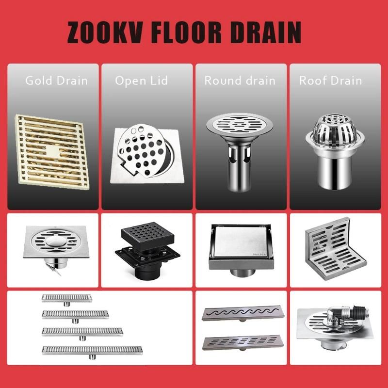 SUS 304 Stainless Steel Floor Drain with Removable Cover Grid Grate 4 Inch Square Shower Drain with Adjustable Shower Drain Base Flange