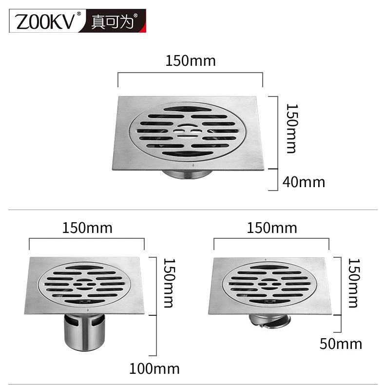 5 Inch Stainless Steel Floor Drain 15*15cm Roof Large Displacement Square Floor Drain Hotel DN110 Water Seal Anti-Odor Automatically Closed Type Floor Drain