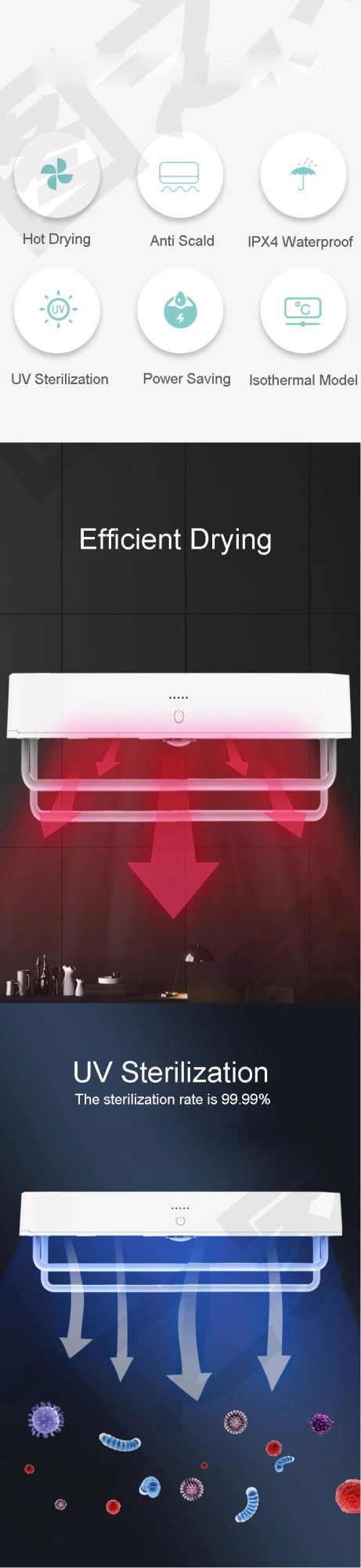 Wall Mount UV Disinfection Intelligent Heating Towel Warmer Rack