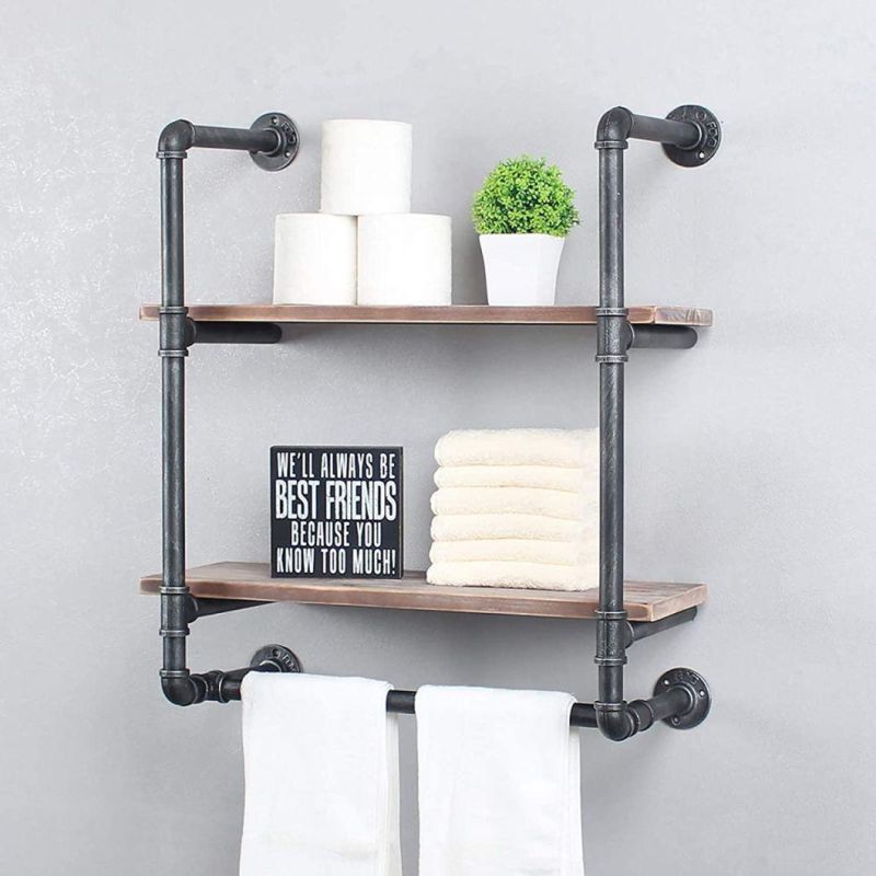Industrial Rustic 2 Layer Bathroom Shelf Pipe Towel Rack for Kitchen, Floating Shelves, Bathroom Shelves Over Toilet with Black Flange