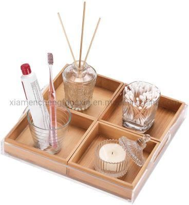 5 Piece Modern Square Natural Bamboo and Clear Acrylic Bathroom Organizer Vanity Tray Set
