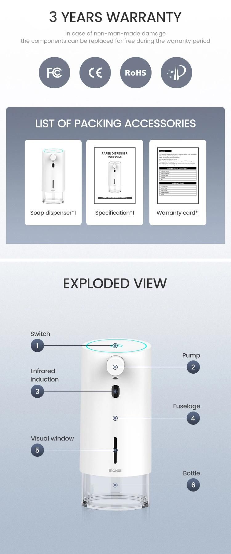 Saige Bathroom 250ml USB Rechargeable Automatic Hand Sanitizer Dispenser