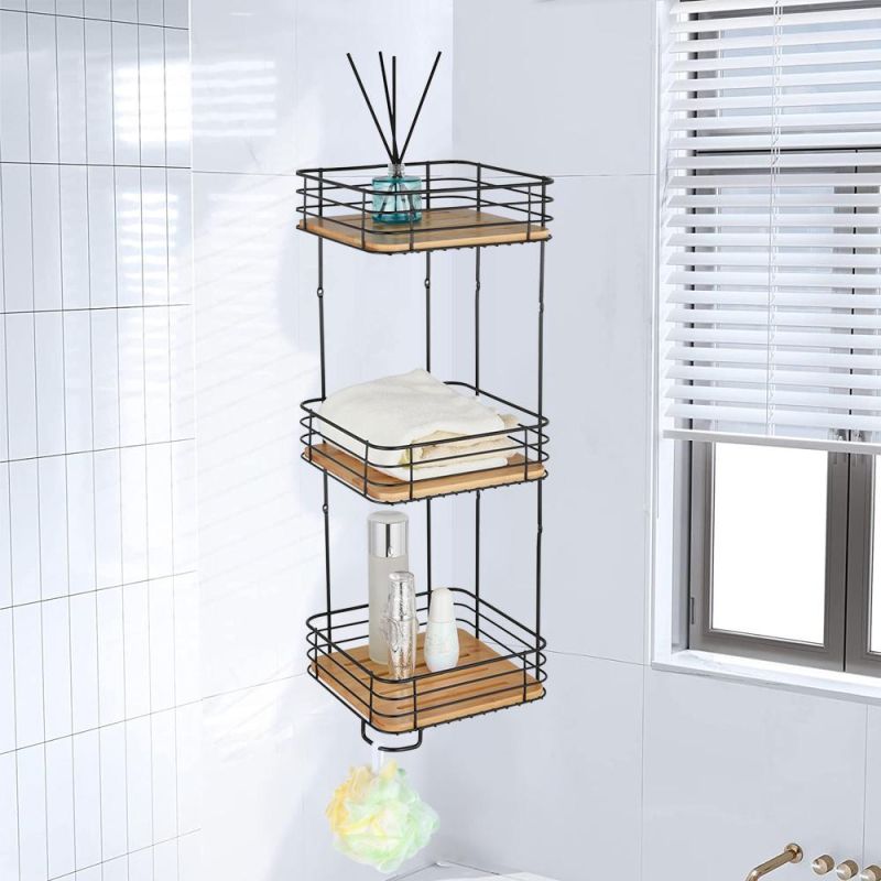 Wall Mount Bamboo Corner Shelf Bathroom 3 Tiers Shower Caddy Corner Shelf