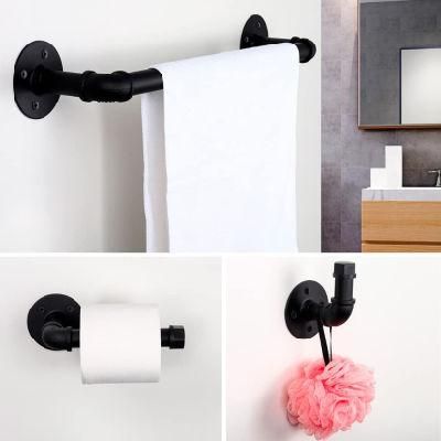 Industrial Pipe Towel Bar 18&rdquor; , and 5 PCS Bathroom Hardware Sets Including Toilet Paper Holder, 3 PCS Robe Hooks in Matte Black Finish