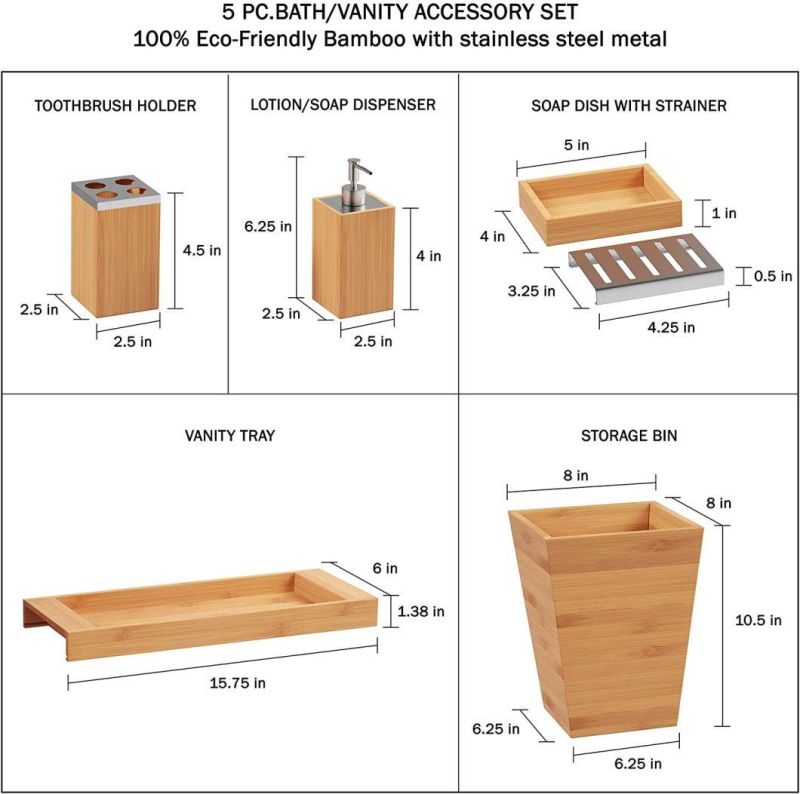 Lavish Home Bamboo Bath Accessories-5-Piece Set Natural Wood Tray Lotion Dispenser, Soap Dish, Toothbrush Holder, Wastebasket-Bathroom and Vanity