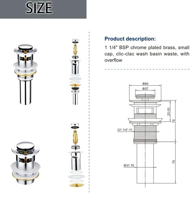 Round Stainless Steel 304 Click Clack Pop up Push Button Brass Waste