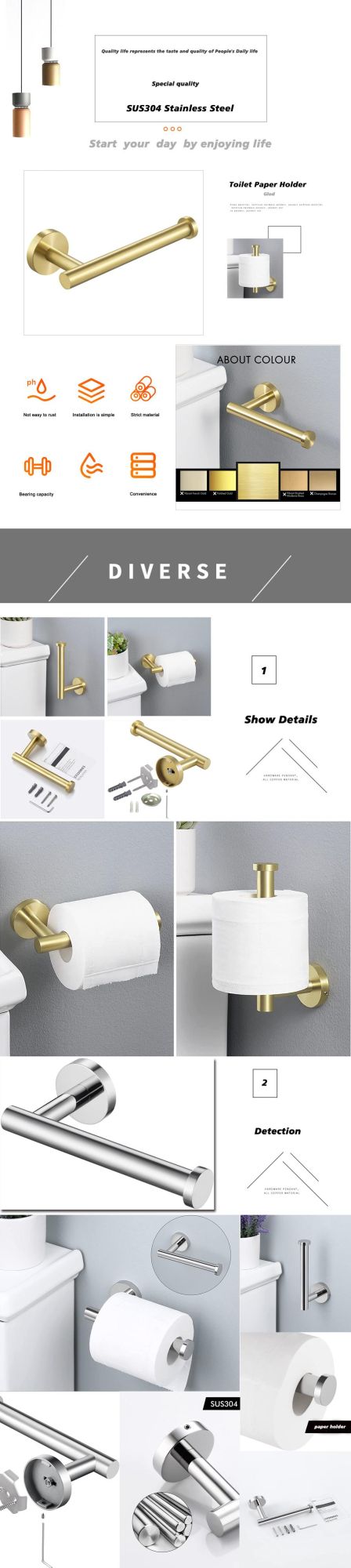 Bathroom Toilet Paper Holder Brushed Glod Wall Mount Toilet Roll Holder SUS304 Stainless Steel