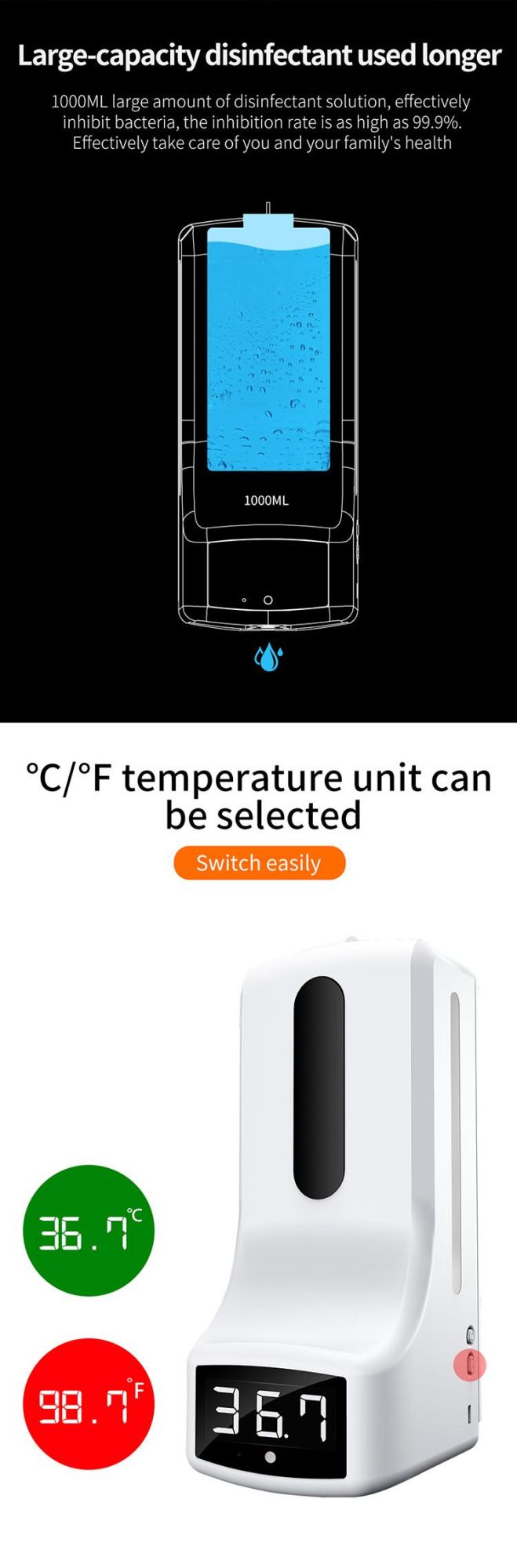 Saige 1000ml Automatic K9 Digital Thermometer 2 in 1 Sensor Soap Dispenser