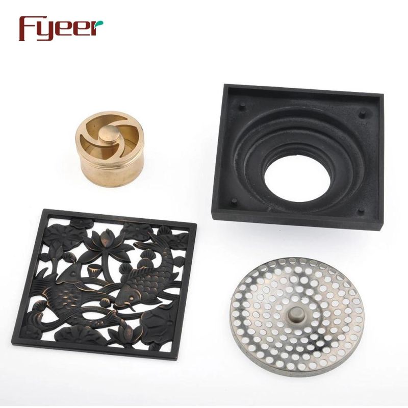 Fyeer Fish Design Brass Floor Drain in Black Color