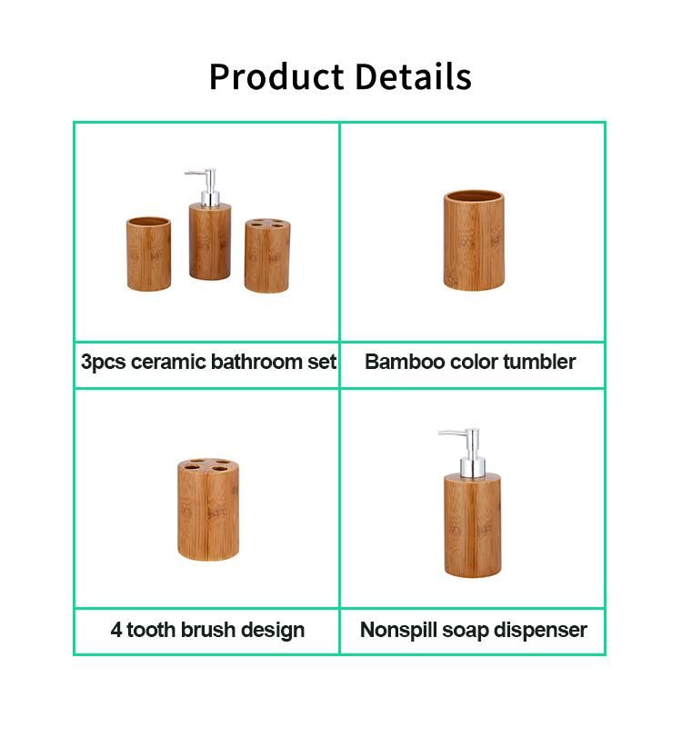 Best Selling Home Ceramic Design Bamboo Color 3-Piece Bathroom Accessories