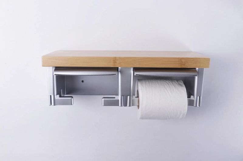 Stainless Steel Bamboo Toilet Paper Holder for Tissue with Phone Shelf