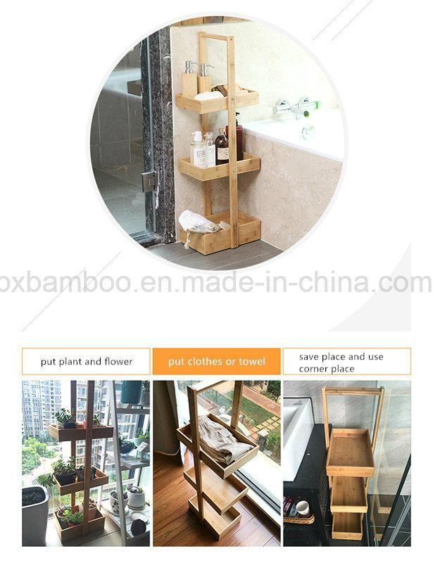 Portable Bamboo Bathroom Storage Shelf and Multifunction Bamboo Corner Display Rack with Wheels