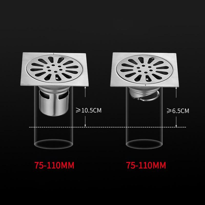 4 Inch 304 Stainless Steel Floor Drain Balcony DN75 Deodorant Floor Drain 12*12cm Deep Water Sealing Large Displacement Floor Drain