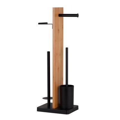 Hot Sale Bamboo Toilet Brush with Paper Roll Holder Stainless Steel Standing Black Toilet Brush Holder