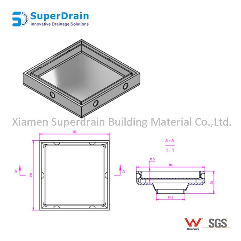 China Satin Finish SUS 304 Rectangular Hidden Floor Drain