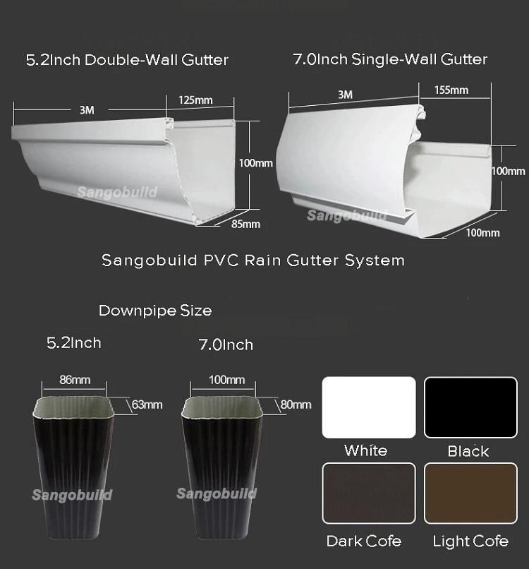 China Plastic Building Material 5.2/7inch K-Style PVC Fittings Rain Gutter